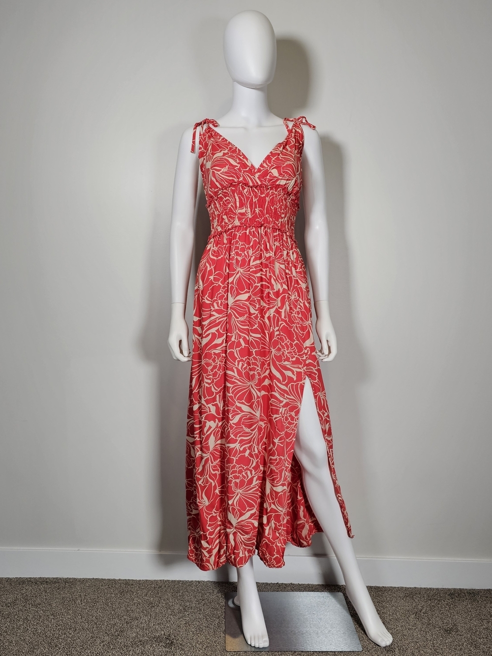Patrons of Peace Red Pink Floral Tie-Shoulder Maxi Dress with Cream Print Sz S